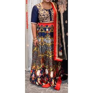 XL Navy & Red Floral Silk Lehenga Choli Indian/ Pakistani/ Bengali 3 Pieces